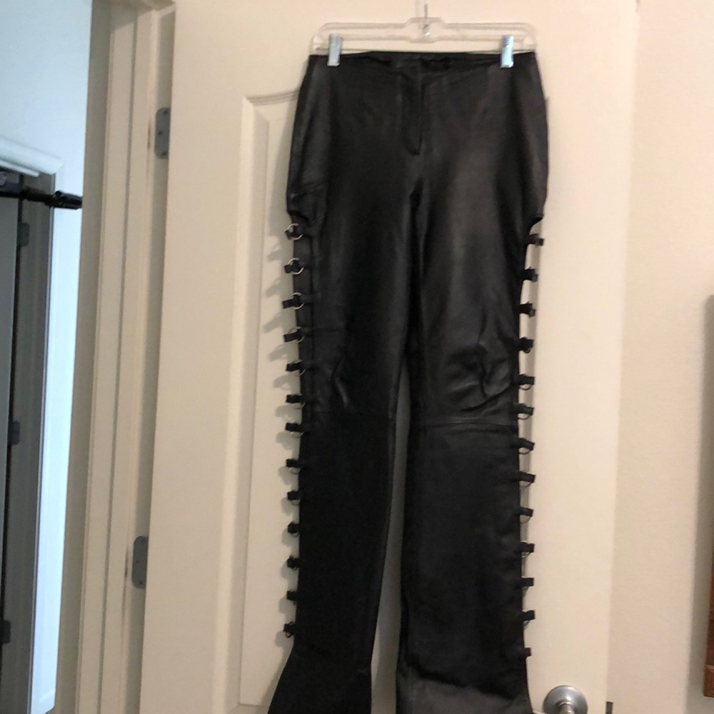 Vintage Black Wilson Leather O-ring pants - 14” waist, laying flat; 41” long